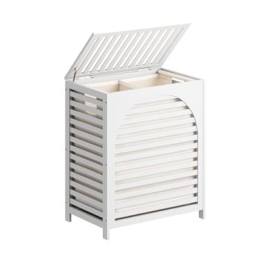 Imagem de Cesto de lavanderia branco, cesto de roupa suja com tampa, 103 L, cesto de roupa de madeira de bambu com tampa e alças, forro removível