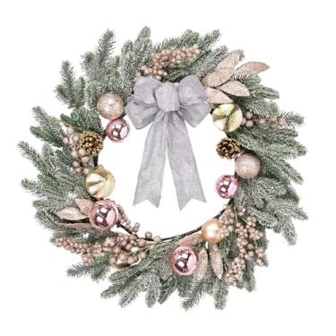 Imagem de Guirlandas de Natal para decoração externa da porta da frente, 50,8 cm, enfeites de bola de pinheiro cobertos de geada, decorações prateadas de guirlanda artificial de inverno com laço para Natal