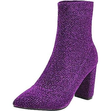 Imagem de Bota feminina de salto grosso, bico fino, sem cadarço, com estampa de leopardo, salto grosso, botas de salto alto para mulheres, Roxo, 35 BR
