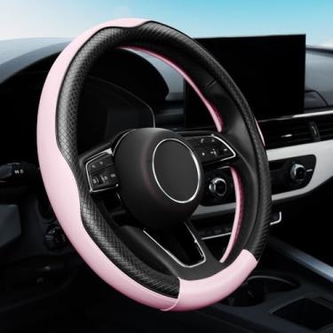 Imagem de YHONGJT Capa de volante de couro premium macio, respirável, antiderrapante, universal de 38 cm para mulheres e meninas, veículos adequados, sedãs, SUVs, caminhões - rosa claro