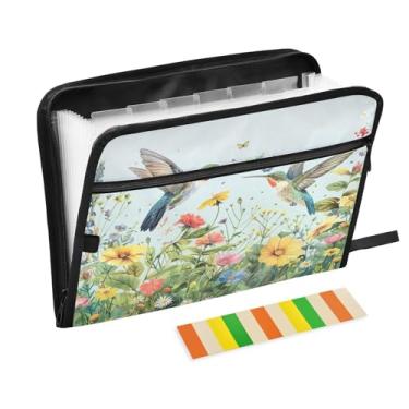 Imagem de Wassud Acordeão de beija-flores voadores, organizador de arquivos, letras A4, pastas de papel, organizador de documentos, fólio com etiquetas, pasta de arquivos expansível, 13 bolsos