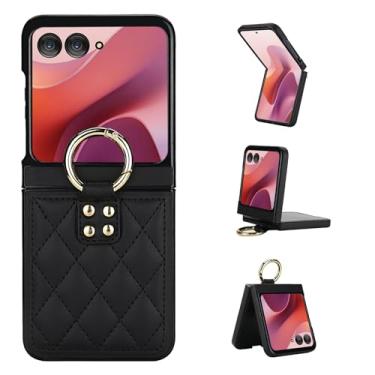 Imagem de Capa para Motorola Razr 50, capa traseira ultrafina e leve com anel de metal, capa de couro fina à prova de choque, design elegante de ponto de diamante (preto)