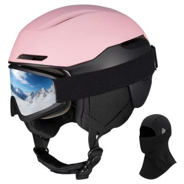 Imagem de VCOROS Capacete de esqui capacete de snowboard com óculos de esqui para esqui X13 capacete de esportes de neve para homens, mulheres e jovens (rosa fosco, máscara de goggles, médio)