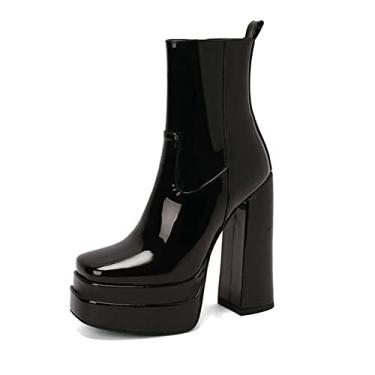 Imagem de Botas femininas plataforma no tornozelo com cadarço gótico bloco robusto punk botas de combate de motocicleta de salto alto,Black,2 UK/35 EU