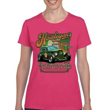 Imagem de Camiseta feminina Hooligan's Irish Speed Shop Dia de São Patrício Vintage Hot Rod Shamrock St Patty's Beer Festival, Rosa choque, GG