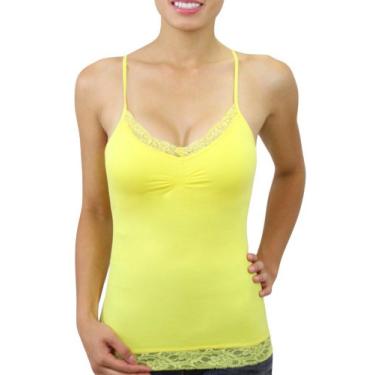Imagem de ToBeInStyle Camiseta feminina acolchoada de renda, Amarelo, Tamanho �nico