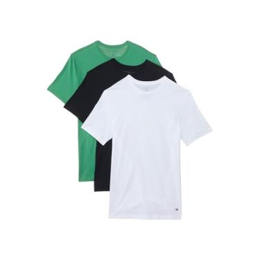 Imagem de Tommy Hilfiger Pacote com 3 camisetas masculinas clássicas de algodão com gola redonda, Verde vale/céu deserto/branco, M