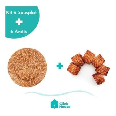 Imagem de Kit 6 Sousplat Rattan Bambú + 6 Anéis Porta Guardanapo Mundiart, Marro