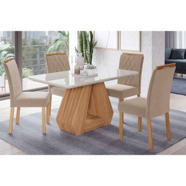 Imagem de Conjunto: Mesa Sala Jantar Ágata Tampo Madeirado c/ Vidro 130x80cm e 4 Cadeiras Juliana Madeirado/ Linho Bege - Cimol