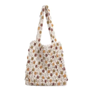 Imagem de Bolsa moderna com contas – Boho, feita à mão, bolsa de vime, elegante, tiracolo, bolsa de grife, praia, festa de casamento, uso diário, Bege