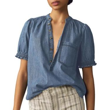Imagem de Camisa feminina Locachy com meio botão, gola simulada, jeans, azul cla
