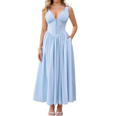 Imagem de Vestido GLNEGE: espartilho de verão Midi, decote em V, linha A e bolso