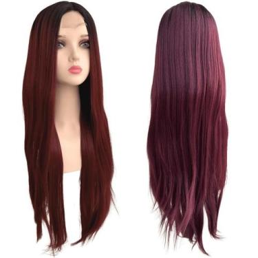 Imagem de Peruca marsala front lace vermelha divisão ao meio lisa 80cm - LIONSWI