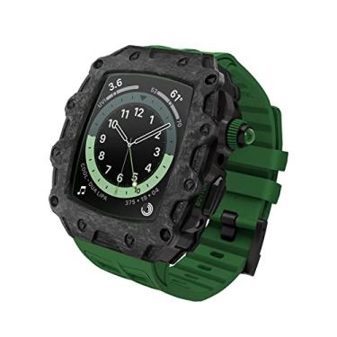 Imagem de HWGO Pulseira de relógio + capa de relógio para Apple Watch 7 45mm SE 6 5 4 44mm capa de fibra de carbono pulseira de silicone capa de vidro temperado para iWatch série 45/44 mm (cor: verde, tamanho: