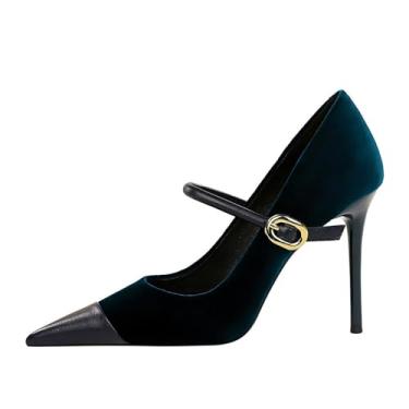 Imagem de YGJKLIS Sandálias femininas de 10 cm de salto alto com fivela no tornozelo bloco de cores camurça pontiaguda bico fechado clássico stiletto, Azul, 7.5