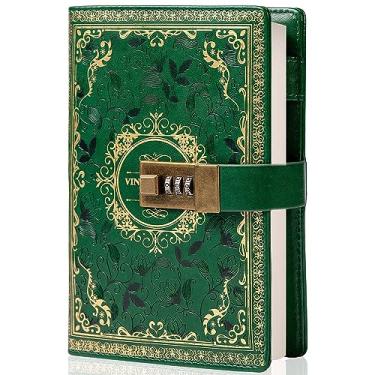 Imagem de TIEFOSSI Caderno de couro vintage com cadeado de combinação, diário secreto de flor em relevo B6 pautado papel pautado para escrever, presente para mulheres meninas crianças (verde)
