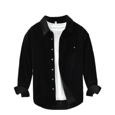 Imagem de Camisa de veludo cotelê cáqui preto manga longa bolsos vintage algodão solto agasalho camisa masculina gola virada para baixo primavera, Preto, P