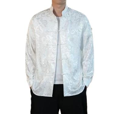 Imagem de Camisa social masculina de cetim branco com gola mandarim de seda e gola chinesa com roupas vermelho dragão, Branco, PP