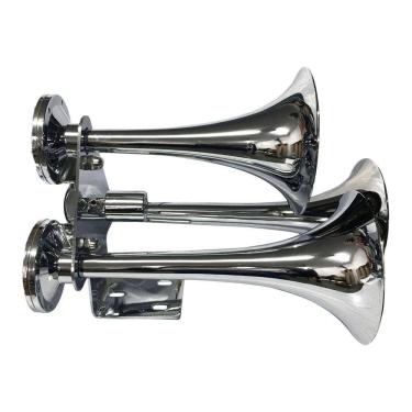 Imagem de Buzina Ar 3 Cornetas Cromada C/ Valvula Bivolt Caminhão Barco Trem