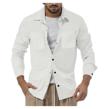 Imagem de Camisa masculina casual de manga comprida, estampa xadrez, abotoada, caimento justo, bolso, Branco, M