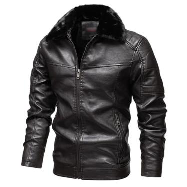 Imagem de Jaqueta masculina de lã, cor sólida, fecho de zíper, jaqueta de couro, gola de pele removível, casaco de motociclista, Café, XG