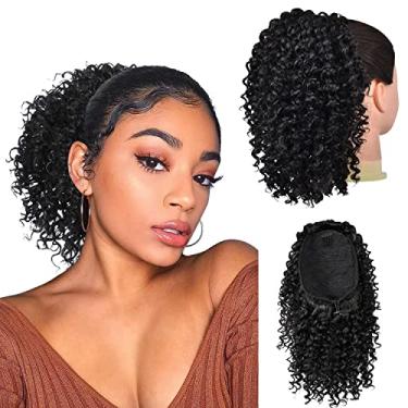 Imagem de PEACOCO Rabo de cavalo com cordão de rabo de cavalo afro crespo para mulheres negras, grampo sintético de 25 cm em extensões de rabo de cavalo afro puff Jerry Curls (1B)