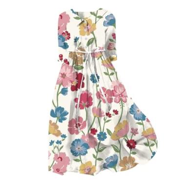 Imagem de Vestidos de primavera para mulheres 2024 Boho floral lapela gola botão casual evasê vestido de renda férias praia rodado vestido longo, Rosa choque - g, 3G