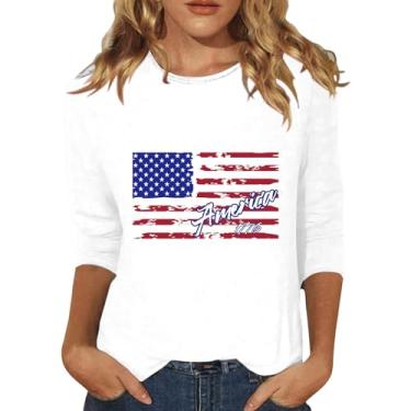 Imagem de Camisetas femininas de 4 de julho com bandeira americana Land of the Free manga 3/4 túnica dia da independência camiseta patriótica blusa, Branco, 4G
