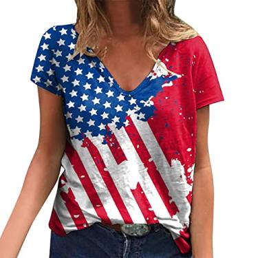 Imagem de Camiseta feminina com bandeira americana para o verão, 4 de julho, patriótica, listras estrelas, Memorial Day, camisetas casuais de manga curta, Vermelho, M