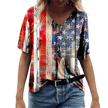 Imagem de Camiseta feminina com bandeira americana para o verão, dia da independência, listras estrelas, memorial Day, blusa de manga curta, Caqui, XXG