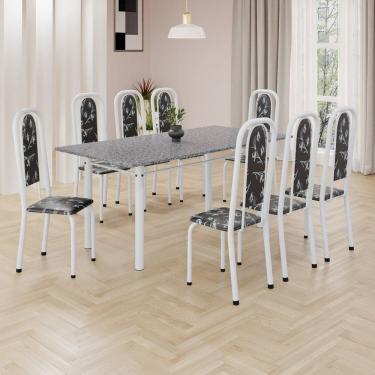 Imagem de Conjunto de Mesa Retangular 180x75cm Tampo Granito Ocre 8 Cadeiras Lavínea Preto Floral/ Branco