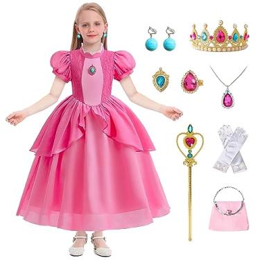 Imagem de Princess Peach Dress for Girl,Super Brothers Princess Cosplay Costume,Peach Dress set With Crown Necklace Magic Wand Pink Bag Accessories, Halloween Christmas Birthday Party Carnival Cosplay Costume.