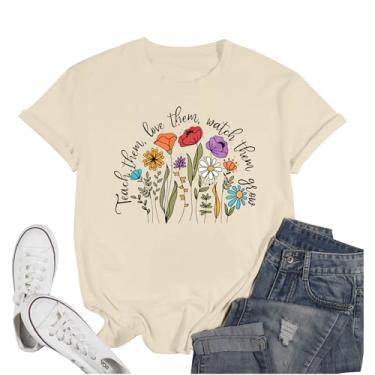 Imagem de Werbavi Camisetas femininas de professor Teach Them Love Them Watch Them Grow Camiseta com estampa de flores silvestres de algodão floral, Damasco, GG