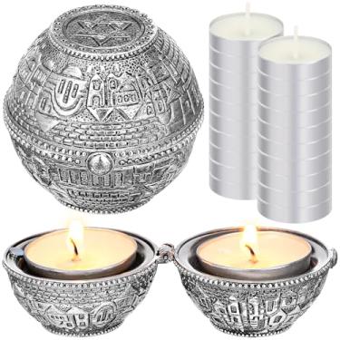 Imagem de Skybooly Castiçais de viagem de metal judeu Shabat Castiçais de viagem prata tamanho viagem Jerusalém com 10 peças mini velas tealight pequenas velas brancas luzes de chá velas sem perfume conjunto