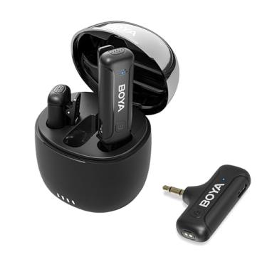Imagem de Microfone de lapela duplo sem fio BOYA BY-WM3T para câmera, mini microfone de lapela com clipe 2.4G, redução de ruído para podcast, entrevista ao vivo, gravação no YouTube