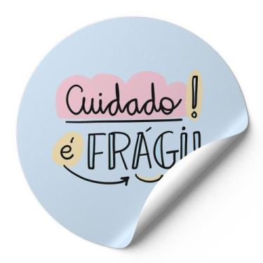 Imagem de 120 Etiquetas Auto Colante Adesivos Redondos Cuidado É Frágil Fundo Az