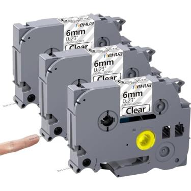 Imagem de Hehua Fita transparente laminada Tze Tz de 6 mm 0,23 compatível com Brother Label Maker Tape TZe-111 TZe111 TZ-111 TZ111 para Ptouch PT D200 D210 H110 1880, 1/4" x 8 m, preto em transparente, pacote com 3