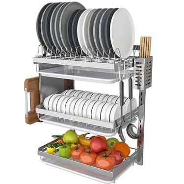 Imagem de Escorredor de pratos de cozinha, escorredor de pratos de aço inoxidável 304, escorredores de pratos à prova de ferrugem para balcão de cozinha, organizador de escorredores de pratos multifuncional de