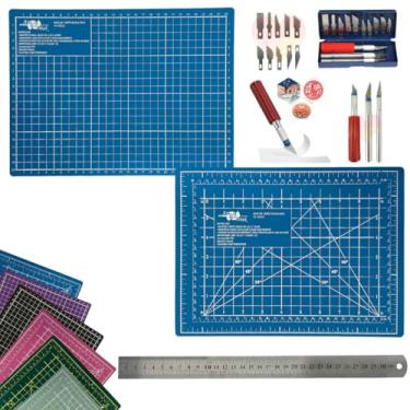 Imagem de Kit Base de Corte A4 30x22cm Multiuso Costura Artesanato Patchwork Desenho Jogo Estilete Precisão 13 Peças Regua Metal 30cm (Azul)