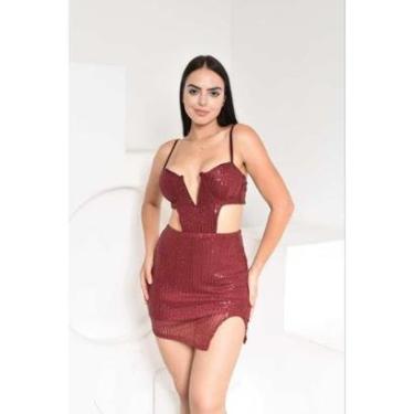 Imagem de Vestido Curto em Paetê Decote V Entalhado Cavado na Cintura-Feminino