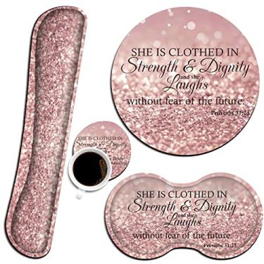Imagem de Mouse pad ergonômico com conjunto de suporte de pulso e teclado para descanso de pulso para laptop, jogos e escritório, durável, confortável e alívio da dor + descanso de copo, Provérbios 31:25, Verso da Bíblia Rosa Glitter