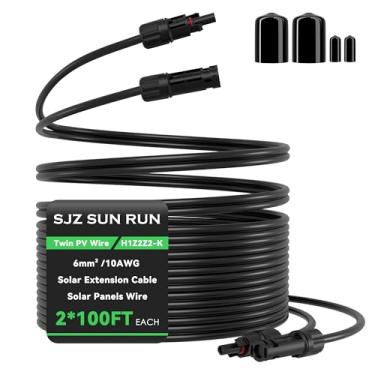 Imagem de Cabo de extensão de painel solar duplo fotovoltaico 2 x 6 mm² Cabos paralelos SJZ SUN RUN de 100 pés 10AWG com conectores à prova d'água IP68 fêmea e macho para cabo solar, automotivo ao ar livre,