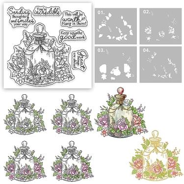 Imagem de Conjunto de frascos de perfume e rosas flores florais vintage transparentes, moldes de corte de metal, estênceis e placa de folha quente com caixa de envelope para fazer cartões, álbuns faça você