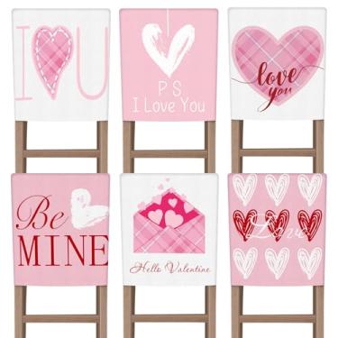 Imagem de VitalCozy 6 peças de capas de cadeira de dia dos namorados emoção dia dos namorados capas de cadeira de jantar coração P. S. I Love You Be Mine capas de assento de sala de jantar removíveis para