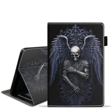 Imagem de stmedazm Capa para tablet Amazon Kindle Fire 7 (7 polegadas, 9ª/7ª geração, versão 2019/2017), capa de couro PU premium com suporte para despertar/hibernar automaticamente - caveira com asas