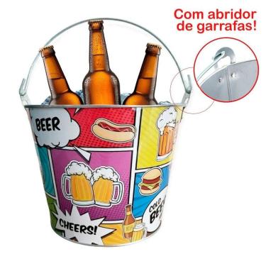 Imagem de Balde De Gelo Para Cerveja Estampado Em Metal Galvanizado Com Abridor 4,8 Litros