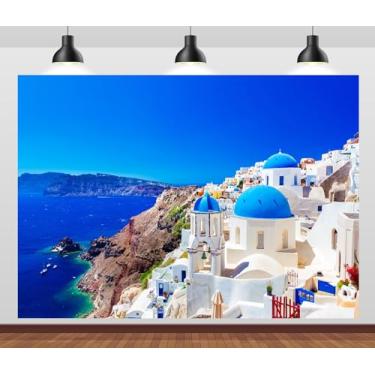 Imagem de CORFOTO Tecido 3 x 2 m Grécia Foto Pano de Fundo Ilha Santorini Oia Village Fundo de Fotografia Grécia para Grécia Faixa de Festa Temática Mamma Mia Decoração de Aniversário Chá de Noiva Suporte de Cabine de Fotos