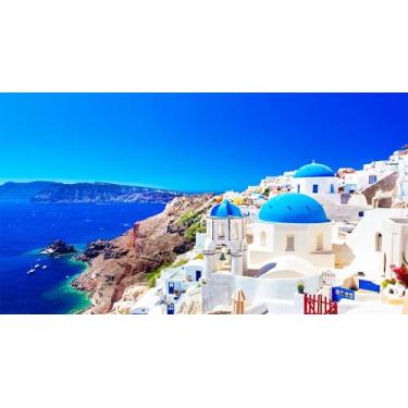 Imagem de CORFOTO Tecido 4,6 x 2,4 m Grécia pano de fundo fotográfico da ilha de Santorini Ilha de Oia na Grécia fundo para fotografia para festa temática da Grécia, faixa de festa Mamma Mia, decoração de