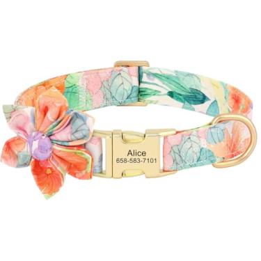Imagem de Coleira personalizada para cães de estimação com estampa de nylon, colar de identificação de animal de estimação personalizado com flor fofa para cães pequenos, médios e grandes, pug (WC, S)