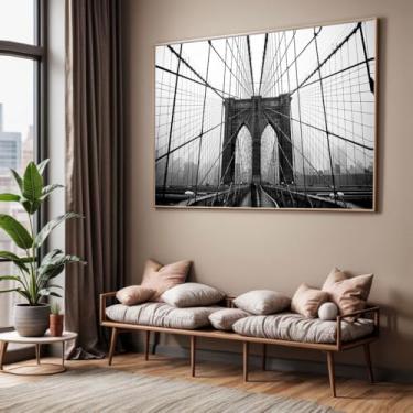 Imagem de Quadro com Moldura Sala Quarto 90x60 Ponte Brooklyn NY Preto Branco Decorativo Horizontal Grande Hall
